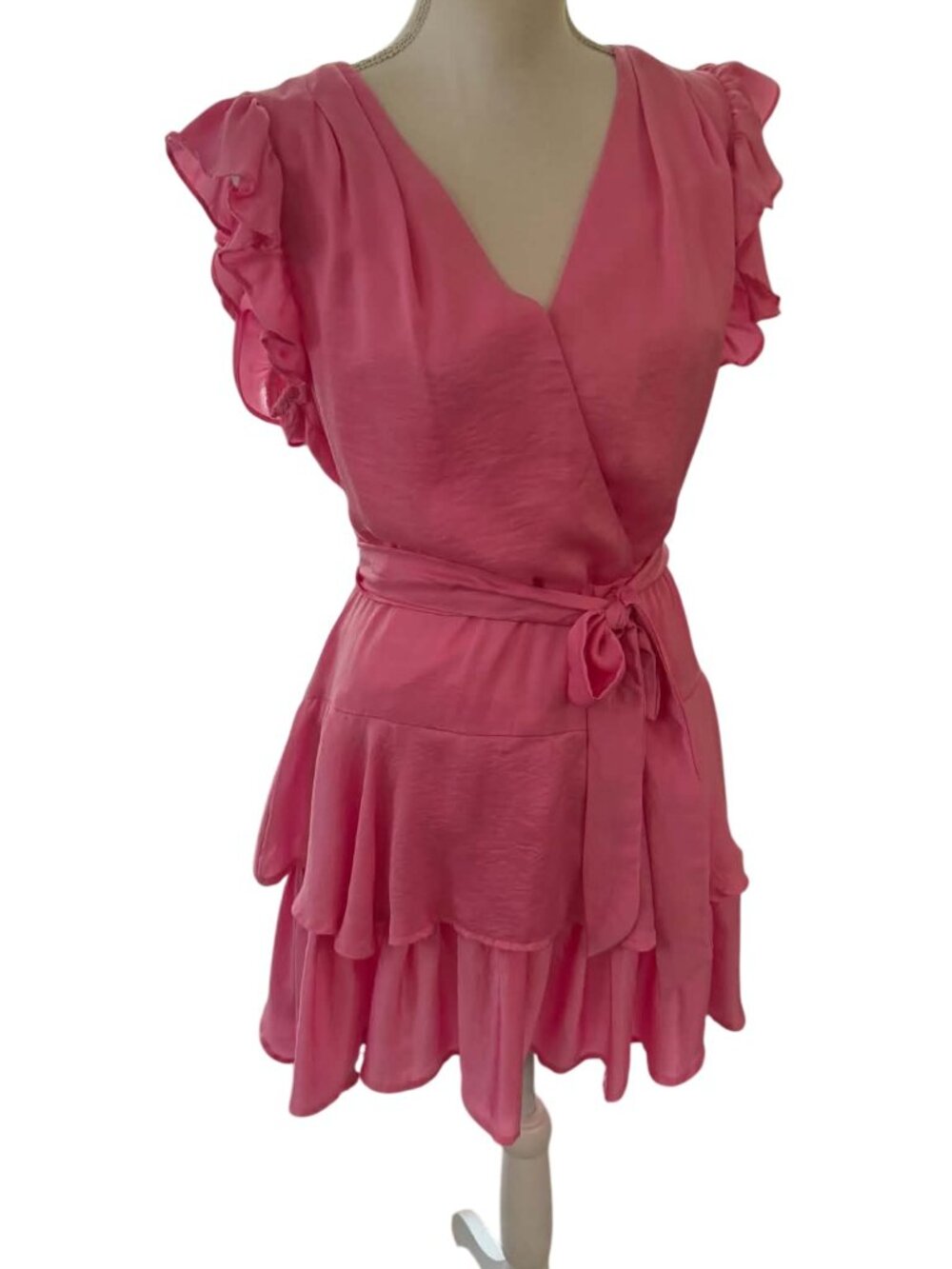 Glam Vibrant Pink Ruffle Wrap Mini Dress